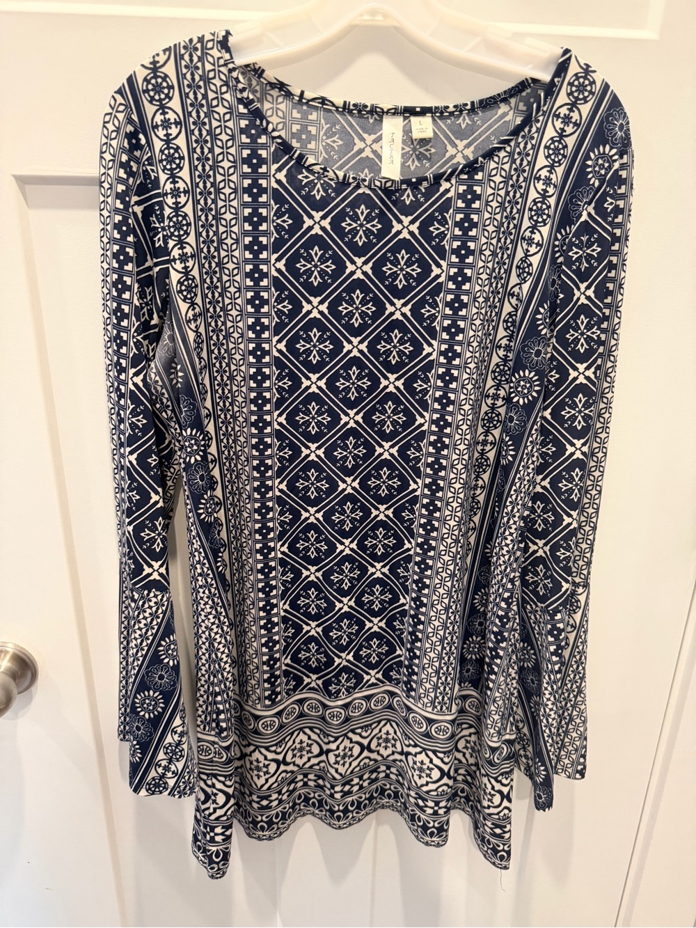 Tacera Navy Ivory Geometric Border Print Long Sleeve Tunic Top Large